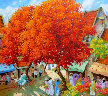 花の咲く木 女の子 ベトナム人 アジア人 Oil Paintings
